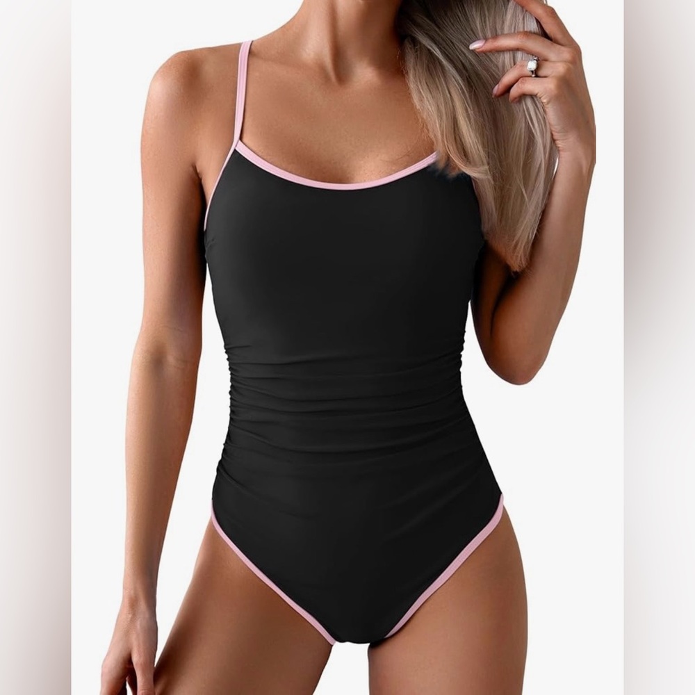 Sleek Black One-Piece Swimsuit with Pink Trim - Women's Swim